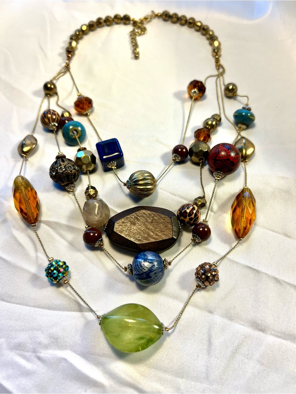 Beautiful Statement necklace, assort. beads  art glass, wood, crystals, metal.